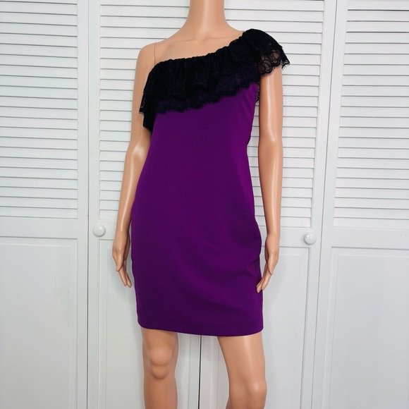 JAY GODFREY Black Lace One Shoulder Bodycon Cocktail Dress in Purple Size 2 - Picture 1 of 7